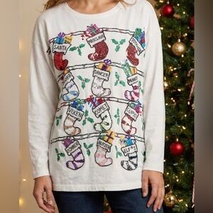 Vintage conversations by Jill Rogers Christmas Sweatshirt L sequin stocking